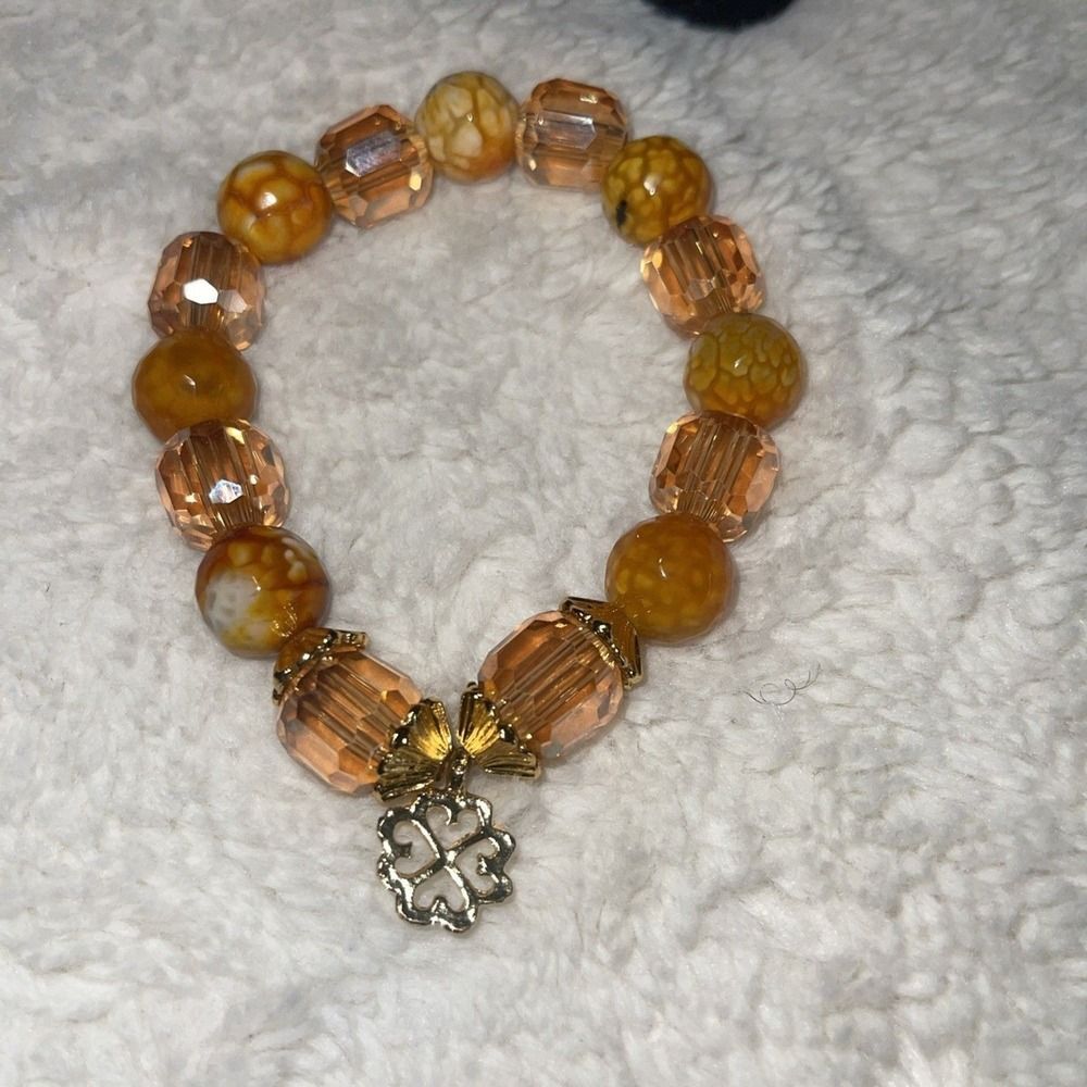 Handmade Amber Fold Artisan Glass Bead Bracelet, African Ghana Adinkra Symbol